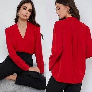 Long sleeve v neck pleated faux wrap look business casual blouse red